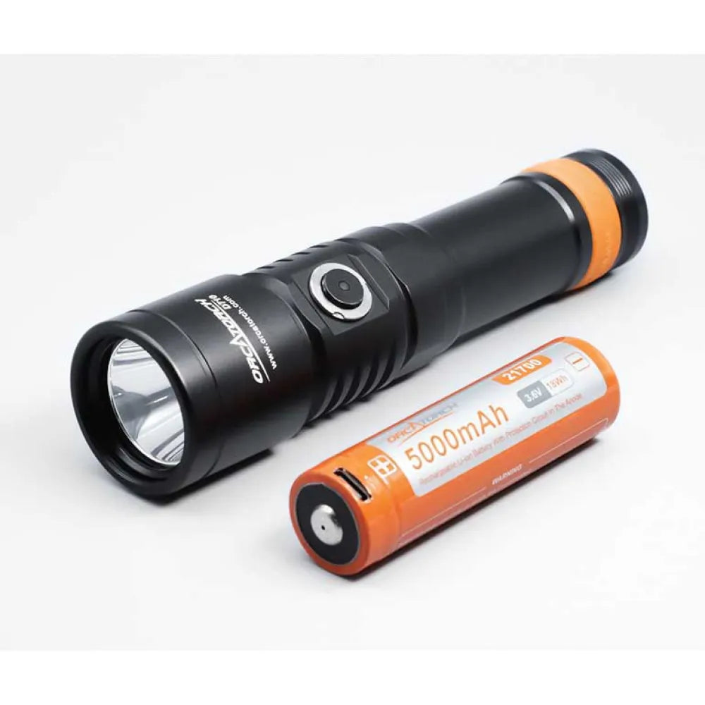 ORCATORCH DC710 Dive Lamp with powerful LED lighting, shown with an included battery.