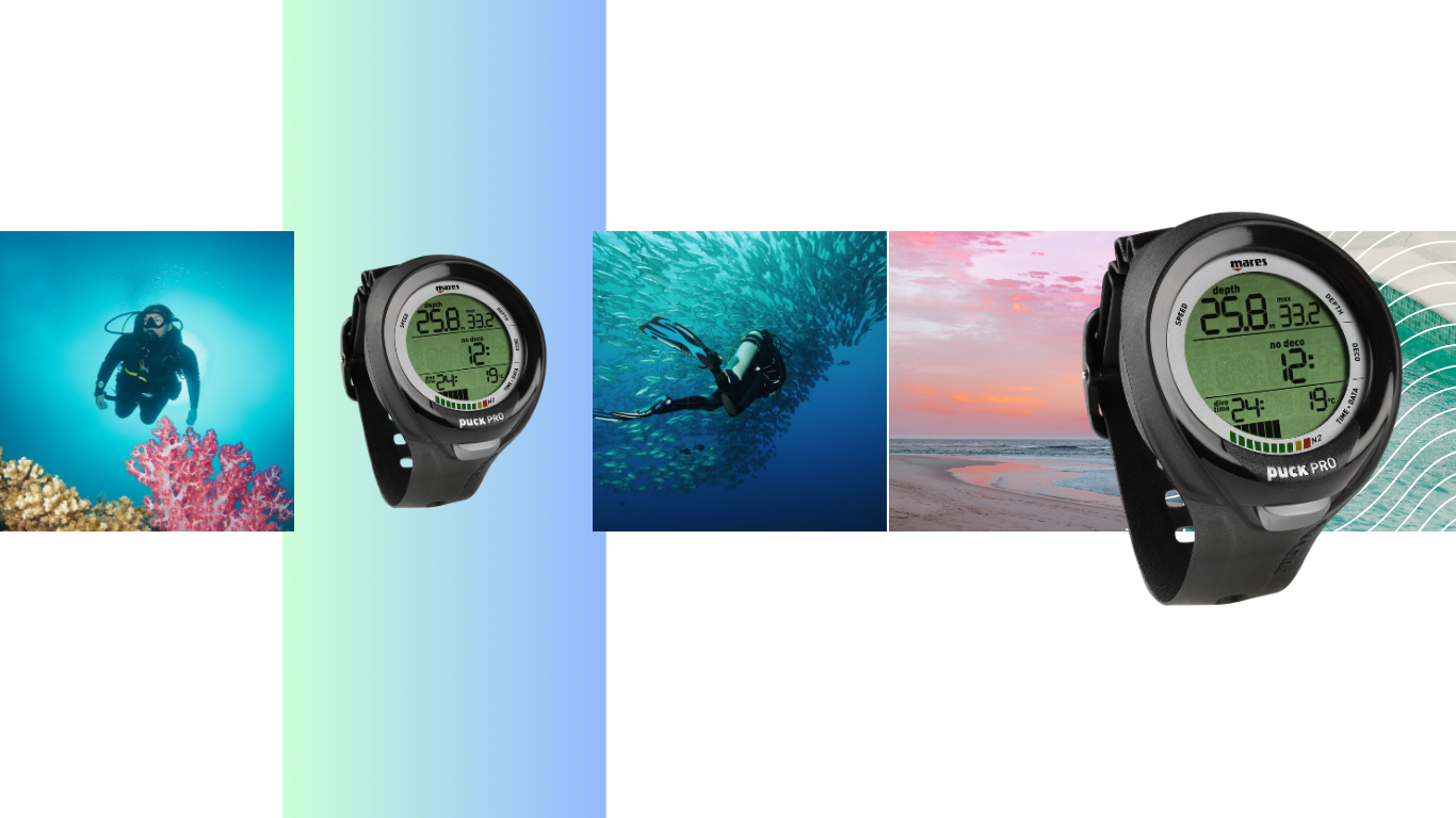 Scuba diving watch with underwater scenes on a gradient background