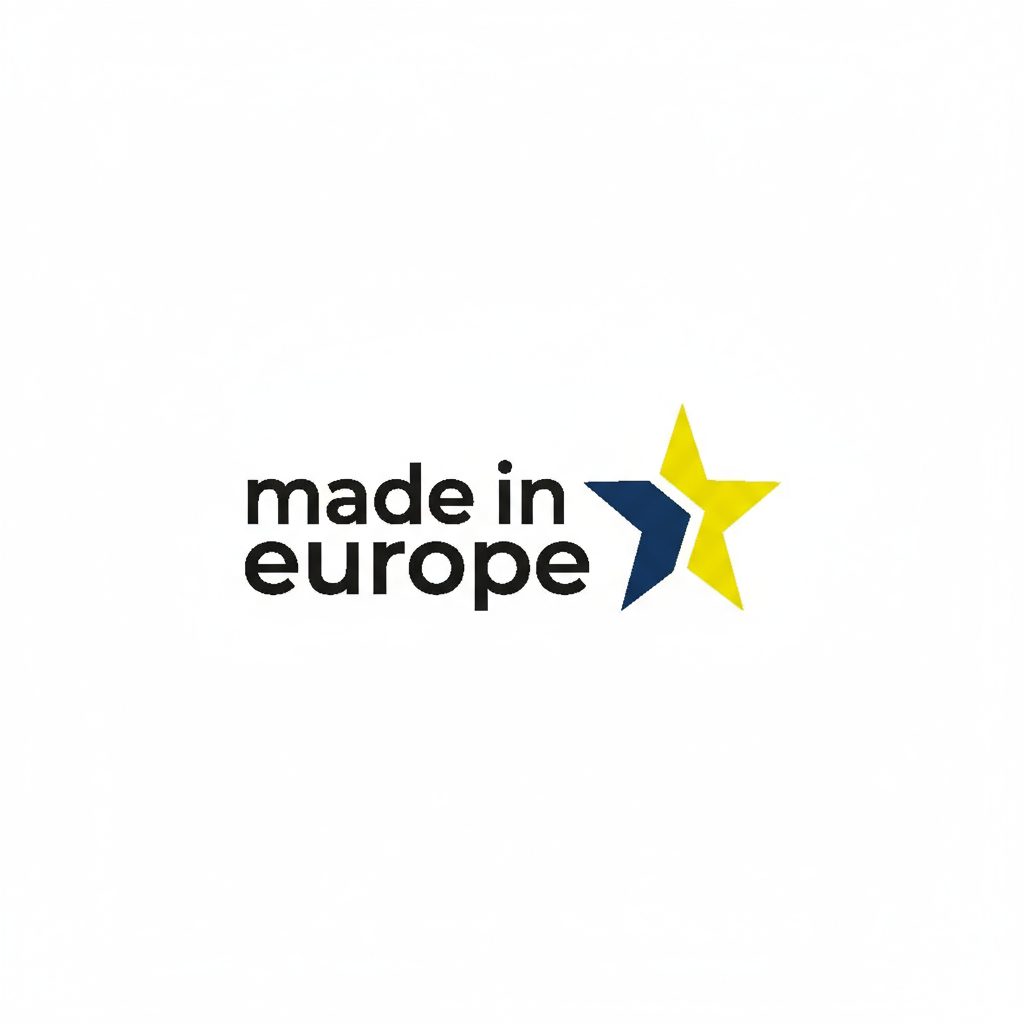 Logo with 'made in europe' text and a star on a white background