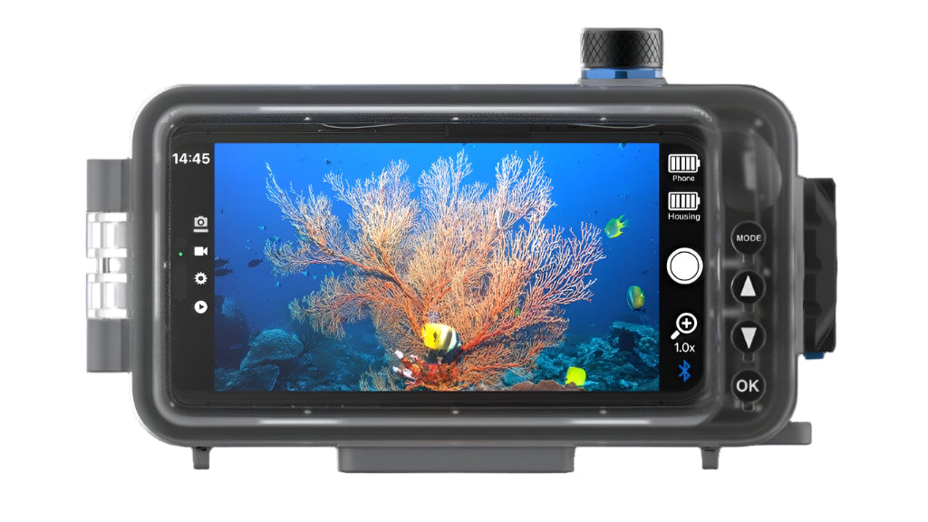 Underwater camera monitor displaying an underwater scene with coral and fish on a black background