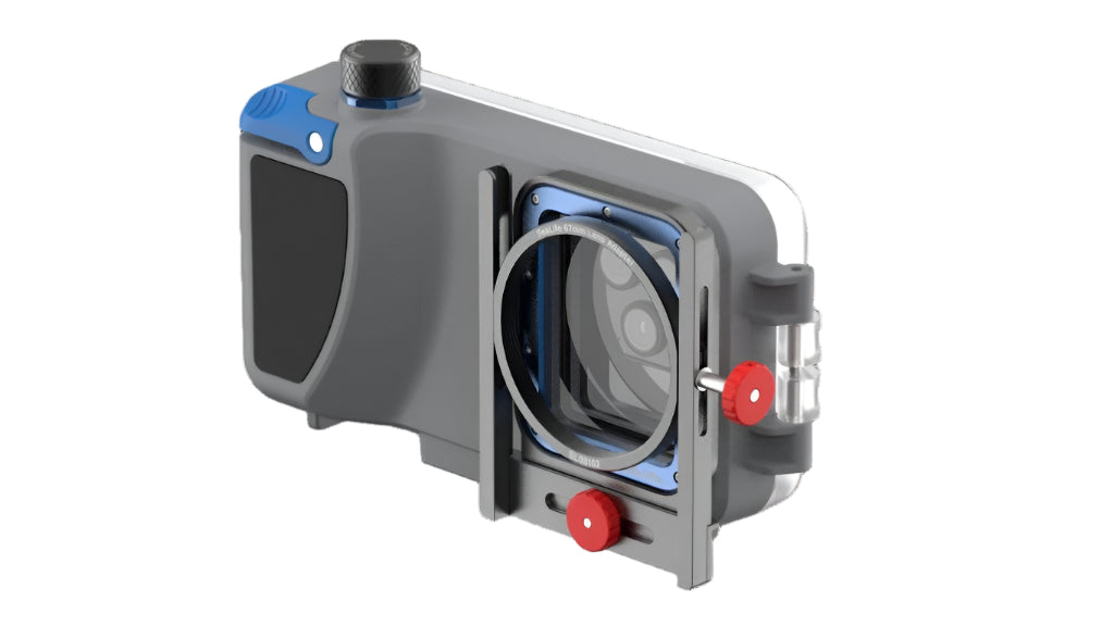 Camera lens with protective housing on a black background