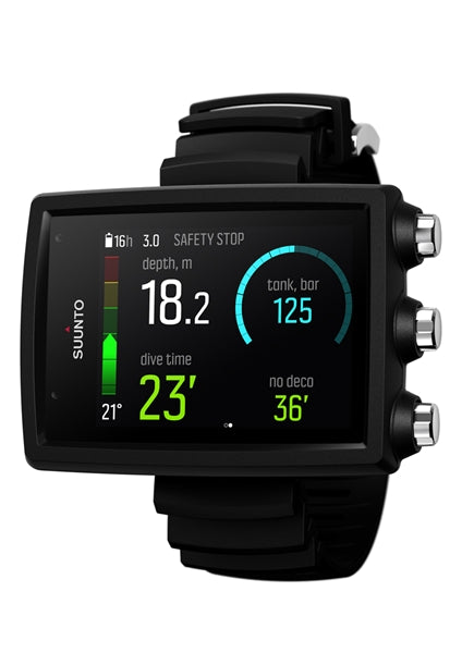 A Suunto Eon COre dive comuter with a black strap and case, featuring a digital display screen showing depth, time, tank pressure, and temperature.