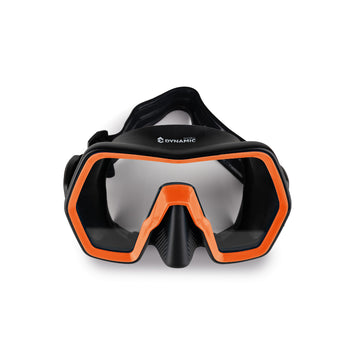 Black and orange diving mask with 'Dynamic' branding on a white background