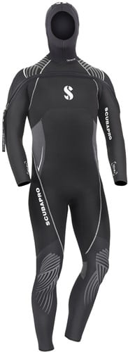 Black Scubapro wetsuit on a white background
